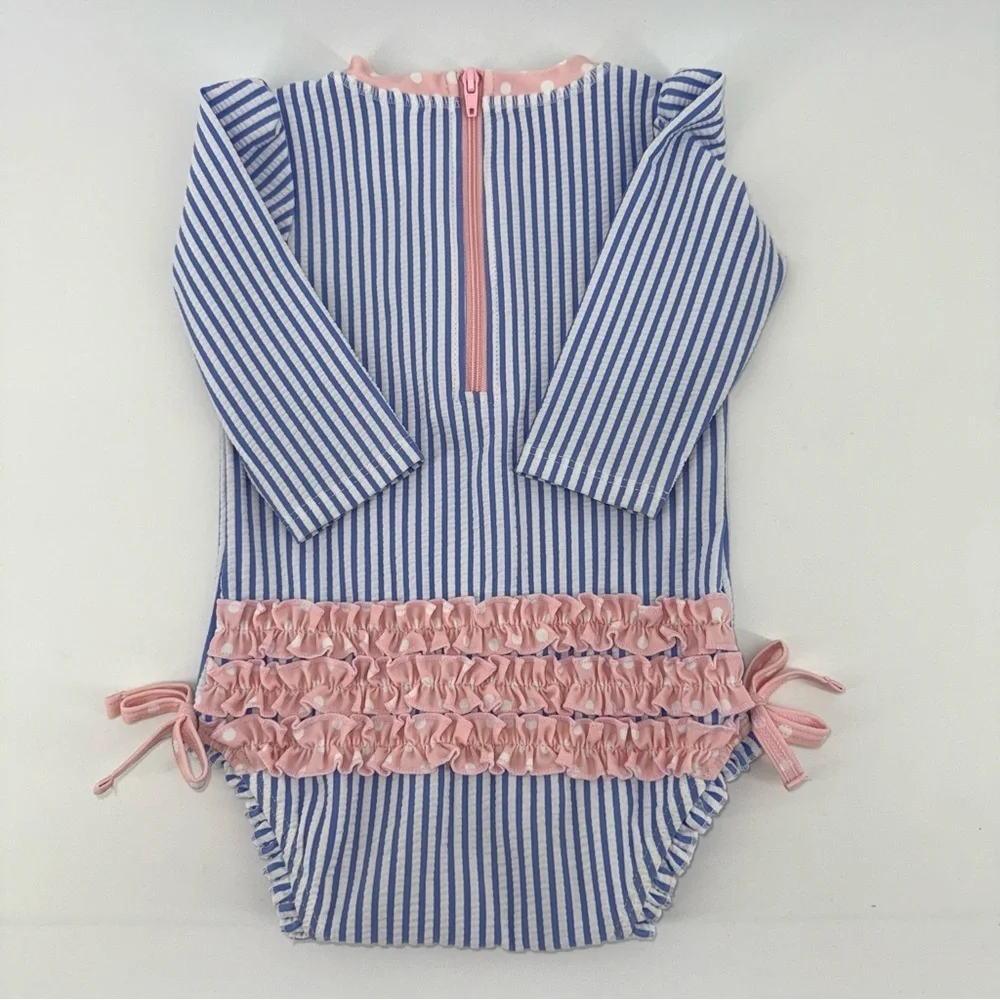 Ruffle Butts Blue, White Seersucker and Pink Polka Dot Baby Swim RashGuard